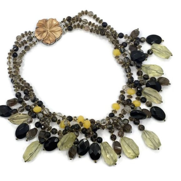 Quartz Necklace, Multi-Strand, Vintage, Smoky Quartz, Brown, Yellow Quartz